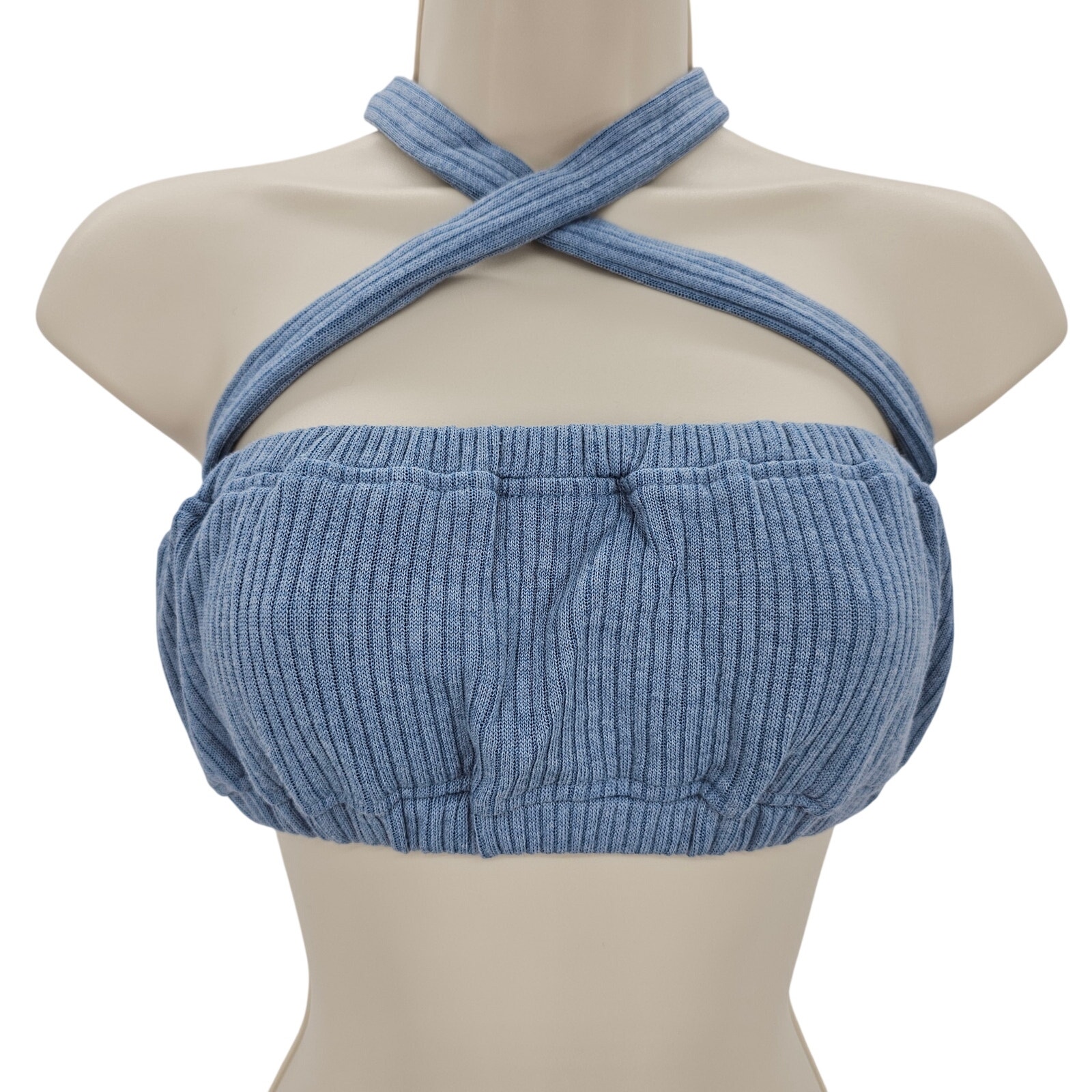 Revolve Weworewhat Womans Size M Tie Halter Bra Top Wide Rib Blue Bandeaux New